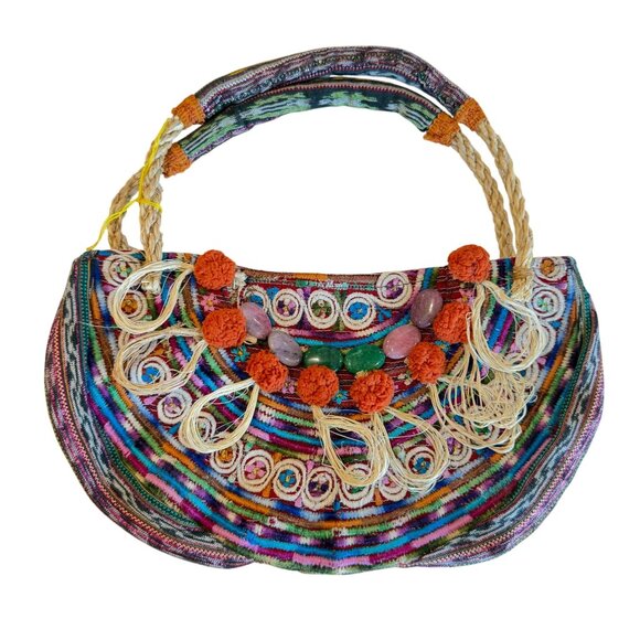 Xjabelle Handbags - Boho Shoulder Bag Beads Rope Handles Colorful Embroidered Indie Hippie Festival